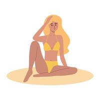 magnifique bronzé fille dans maillot de bain séance. femme relaxant et bain de soleil. été vacances, vacances, voyage, loisirs. vecteur