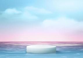 Scène de podium d'affichage de produit de fond d'été 3D avec plate-forme cloud. vecteur de fond d'été rendu 3d sur l'océan, affichage du podium en mer. stand show affichage de produits cosmétiques ciel bleu