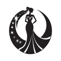 Mademoiselle reconstitution historique logo avec magnifique Dame soir robe et couronne conception Stock image vecteur