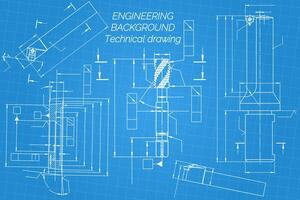 mécanique ingénierie dessins sur bleu Contexte. robinet outils, foreur, Coupe outils, fraisage coupeur. technique conception. couverture. plan. illustration vecteur