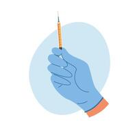 médecin main dans gants avec seringue avec vaccin liquide. infirmière main dans médical gants tenir seringue et ampoule avec médicament. vaccination concept vecteur