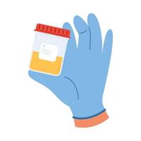 urine analyse. main dans gants détient récipient avec urine goûter. Plastique conteneurs avec pipi échantillon vecteur