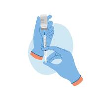 médecin main dans gants avec seringue avec vaccin liquide. infirmière main dans médical gants tenir seringue et ampoule avec médicament. vaccination concept vecteur