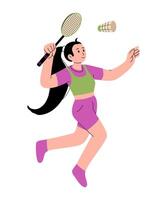 badminton illustration. un badminton joueur sauter fracasser tir. personnage pour des sports classement la toile, carte postale, mascotte, sport école. en bonne santé mode de vie Contexte. plat illustration. vecteur