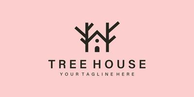 arbre maison logo icône ligne art illustration minimaliste Facile conception vecteur