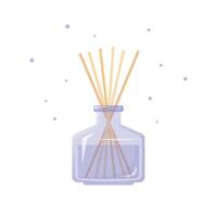 Accueil fragrance, violet verre bouteille avec arôme des bâtons, parfum pour maison, coloré plat modifiable objet sur blanc Contexte. aromathérapie concept vecteur