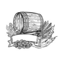 une en bois Bière baril, houblon, malt et une ruban étiquette pour le une inscription. noir et blanc illustration, Fait main dans le style de gravure. génial pour bar menus, Étiquettes et affiches, emballage. vecteur