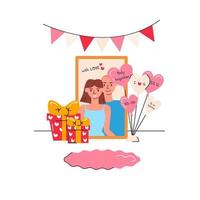 illustration vectorielle de portrait de couple avec cadeaux, ballons en forme de coeur, guirlande et tapis. conception de carte de voeux pour la saint valentin. éléments festifs avec des personnages isolés. cadeau de vacances vecteur