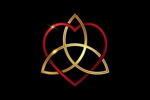 noeud d'amour celtique, forme de coeur rouge entrelacé et triquetra doré, noeud de symbole d'amour éternel. L'icône du logo concept de la Saint-Valentin, tatouage vecteur or isolé sur fond noir