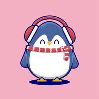 pingouin mignon de bande dessinée portant des écouteurs et une écharpe vecteur