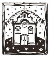 festa Junina dans Brésil. cordon gravure sur bois style. église, étoilé ciel, fête drapeaux et les plantes vecteur