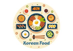 coréen nourriture illustration avec une ensemble menu de divers traditionnel et délicieux nationale vaisselle dans une plat dessin animé style Contexte vecteur