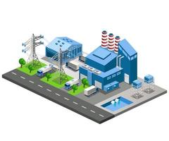 Vue industrielle de l'usine orthogonale et de l'entrepôt de production d'électricité vecteur