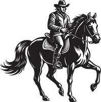 une noir et blanc image de une cow-boy sur une cheval. noir et blanc illustration vecteur