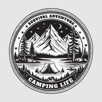 Extérieur camping la vie badge ancien style noir Couleur dans blanc Contexte vecteur