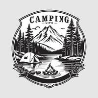 Extérieur camping la vie badge ancien style noir Couleur dans blanc Contexte vecteur