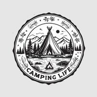 Extérieur camping la vie badge ancien style noir Couleur dans blanc Contexte vecteur