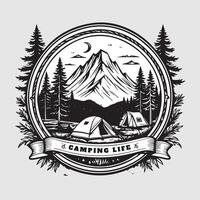 Extérieur camping la vie badge ancien style noir Couleur dans blanc Contexte vecteur