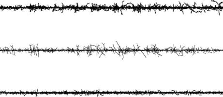 une ensemble de noir et blanc clôture lignes avec différent formes, une barbelé câble avec barbelé fil, barbelé câble avec une doubler, barbelé câble avec barbelé câble contre une blanc Contexte. vecteur