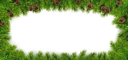 bordure de périmètre rectangulaire faite de branches d'épinette à feuilles persistantes, de pommes de pin et de flocons de neige. pour les décorations de Noël et les conceptions de cartes de voeux. isolé sur fond blanc. vecteur réaliste