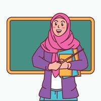 dessin animé de une femelle prof dans une hijab porter une livre, et une tableau noir derrière sa vecteur