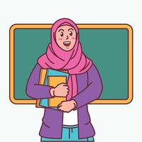 dessin animé de une femelle prof dans une hijab porter une livre, et une tableau noir derrière sa vecteur