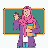 dessin animé de une femelle prof dans une hijab porter une livre, et une tableau noir derrière sa vecteur