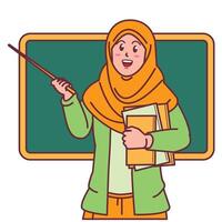 dessin animé de une femelle prof dans une hijab porter une livre, et une tableau noir derrière sa vecteur