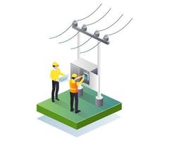 technicien en électricité répare en illustration isométrique vecteur