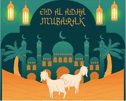 une affiche eid al-adha arrière-plan, mosquée, chèvre, pétrole lampe. vecteur