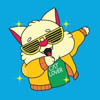 une chat avec une Jaune veste, Jaune lunettes, et une vert T-shirt avec le mots chat amoureux, démontre gamelle Danse se déplace vecteur