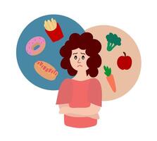 en mangeant désordre. triste femme des soucis à propos étant en surpoids. trop manger, boulimie, anorexie. nourriture dépendance concept. fille ne peux pas choisir entre en bonne santé ou mauvais pour la santé aliments. dessin animé plat illustration vecteur