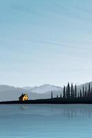 minimaliste campagne paysage avec lac, Montagne gammes, pays maison et silhouette pin forêt graphique illustré avoir Vide espace. vecteur