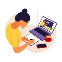 fille étudie à l'ordinateur. concept d'apprentissage en ligne. leçon vidéo. étude à distance. peut utiliser pour la bannière Web, les infographies, les images de héros. illustration vectorielle. style plat. vecteur