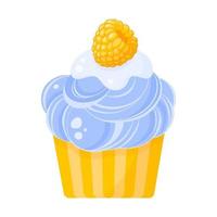 cupcake ou muffin à la crème bleue et à la framboise. vecteur