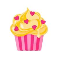 cupcake ou muffin avec crème jaune et coeurs. vecteur