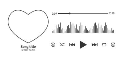 la musique joueur interface conception avec cœur en forme de chanson photo cadre, différent boutons, chargement bar avec minuteur et égaliseur. horizontal arrangement vecteur