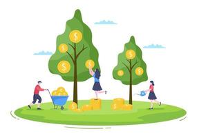 arbre d'argent de l'investissement des entreprises financières profit illustration vectorielle de conception plate avec des billets en dollars et des pièces d'or pour l'affiche ou l'arrière-plan vecteur