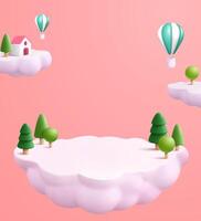 3d illustration de une maison et des arbres sur le nuage dans le ciel avec une chaud air ballon en volant par vecteur