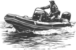 une homme conduite gonflable bateau le bateau est en voyageant avec gravure style vecteur