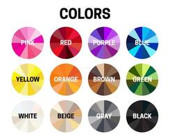 couleurs illustration avec rose, rouge, violet, bleu, jaune, orange, brun, vert, blanc, beige, gris et noir Couleur ombre roues isolé sur blanc Contexte vecteur