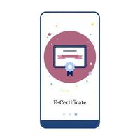 certificat en ligne, certificat électronique, écran d'intégration de l'application mobile papier de remise des diplômes. modèle de bannière de vecteur de menu pour l'interface ux, développement mobile d'écran ui gui. illustration plate de conception de site Web.