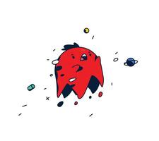 incroyable, dessin animé personnage. rouge tête lévitation dans espace. mignonne monstre. amusement fantaisie créature. le symbole pour le logo. autocollant. mascotte pour une entreprise ou une Jeu studio. vecteur