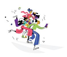 illustration de les filles les blogueurs, journalistes. Trois les filles dans rétro style. femmes tirer sur le téléphone, photo et appareils photo. illustration pour magazine, article. paparazzi ou touristes. vecteur