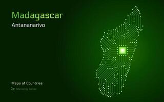 Madagascar carte avec une Capitale de Antananarivo montré dans une puce électronique modèle avec processeur. gouvernement électronique. monde des pays Plans. puce électronique séries vecteur