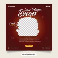 super délicieux Burger social médias modèle. Burger vente remise avec foncé rouge Contexte. vite nourriture promotion bannière. délicieux Burger vite nourriture restaurant menu social médias Publier la toile bannière. vecteur