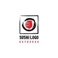 main tiré rond Sushi logo, brosse style. Facile plat asiatique logo avec carré forme vecteur