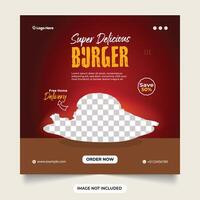 délicieux Burger social médias modèle.super délicieux Burger vente remise avec flamme et foncé bleu Contexte. vite nourriture promotion bannière.burger Ventes bannière avec 50 désactivé. vecteur