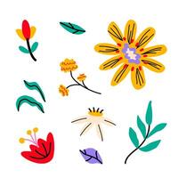 ensemble de vibrant moderne abstrait fleurs. stylisé brillant décoratif feuilles, fleurs et branches dans minimaliste style. main tiré isolé clipart vecteur