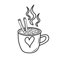 tasse de boisson chaude avec des guimauves et de la cannelle dans un style doodle. vecteur